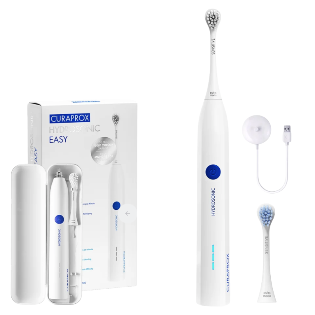 Curaprox Hydrosonic Easy electric toothbrush in white with the Sensitive brush head