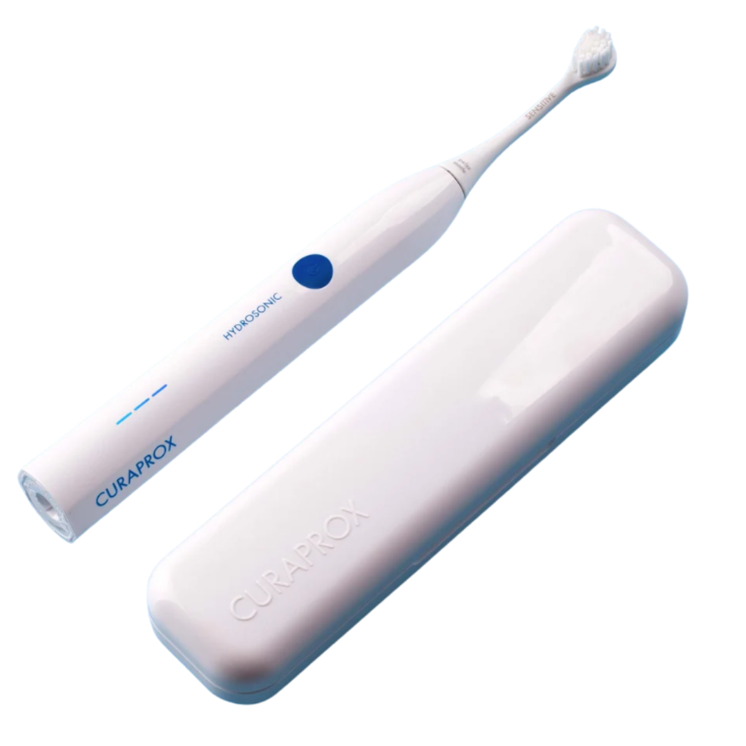 Curaprox Hydrosonic Easy handle next to its white travel case